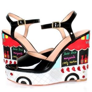 Kate Spade Black Patent Leather Dora Wedges Taco Truck Viva El Taco Size 10